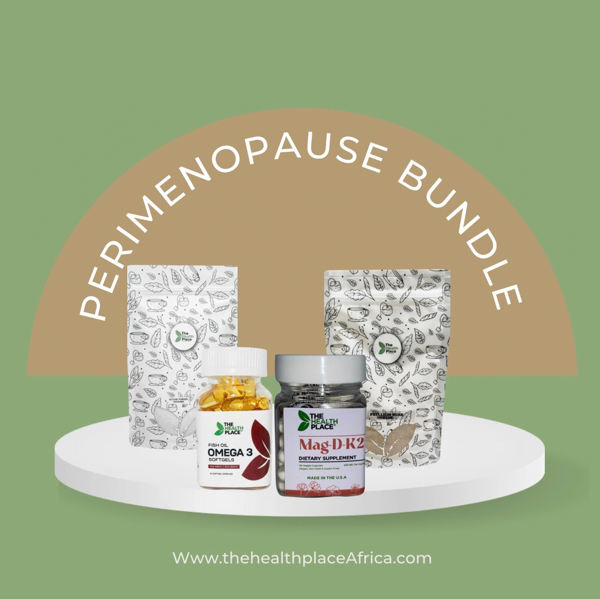 Perimenopause Bundle - 50 capsules Vitamin D3+K2+Magnesium, 50 capsules Omega 3 Fish Oil, 100g Glycine Powder, 100g Psyllium Husk