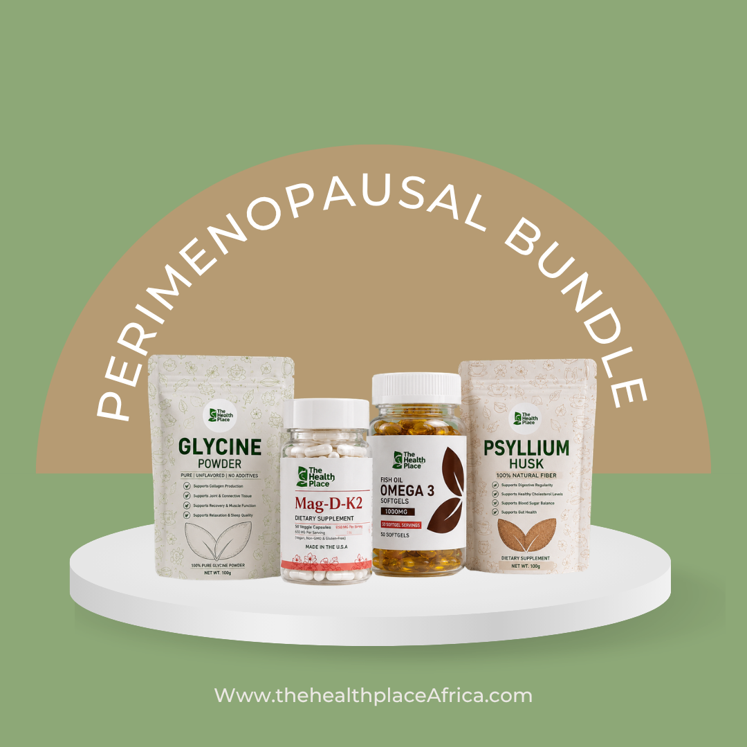 Perimenopause  Bundle - 50 capsules Vitamin D3+K2+Magnesium, 50 capsules Omega 3 Fish Oil, 100g Glycine Powder, 100g Psyllium Husk